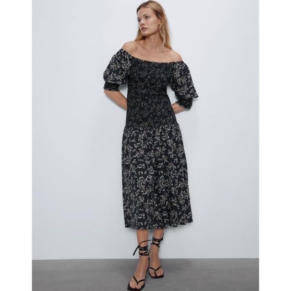 Zara Smocked Floral Midi Dress Black Off Shoulder Puff Sleeve Small